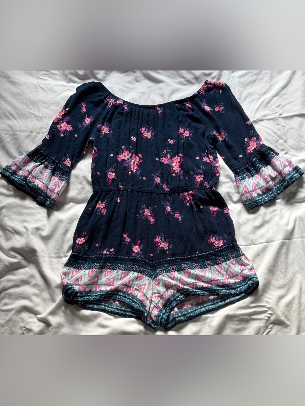 TWO Mudd Rompers with Flared 3/4 Sleeves- White/black & Navy Blue/Floral